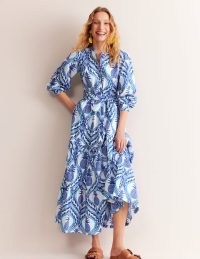 Boden Alba Tiered Cotton Maxi Dress in Surf The Web, Pineapple Wave / blue and white fruit print tie waist dresses / womens cotton summer fashion