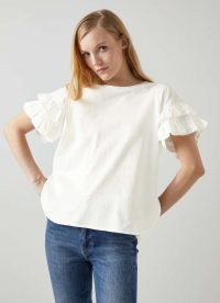 L.K. BENNETT Allie White Organic Cotton T-Shirt ~ women’s relaxed fit tee ~ romantic ruffled T-shirts ~ ruffle sleeve tops