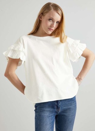 L.K. BENNETT Allie White Organic Cotton T-Shirt ~ women’s relaxed fit tee ~ romantic ruffled T-shirts ~ ruffle sleeve tops - flipped