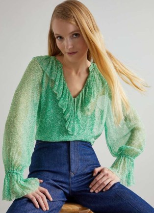 L.K. BENNETT Annie Green And Cream Wiggle Print Blouse ~ ruffle trimmed blouses ~ sheer ruffled top ~ romantic clothing - flipped