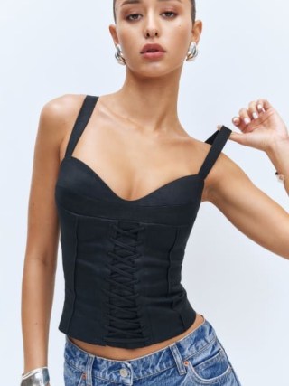 Reformation Gaia Linen Top in Black | corset and bustier style tops with sweetheart neckline - flipped