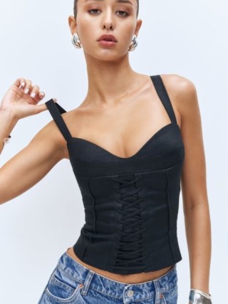 Reformation Gaia Linen Top in Black | corset and bustier style tops with sweetheart neckline