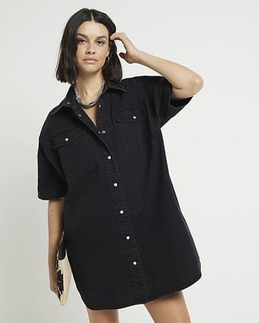 River Island Black Denim Mini Shirt Dress | collared curved hem dresses