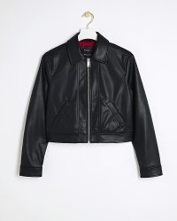 RIVER ISLAND Black Faux Leather Zip Up Harrington Jacket ~ women’s cropped fake leather collared jackets