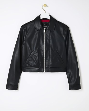 RIVER ISLAND Black Faux Leather Zip Up Harrington Jacket ~ women’s cropped fake leather collared jackets - flipped