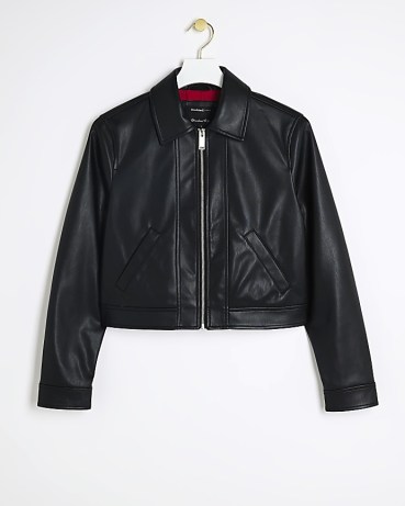 RIVER ISLAND Black Faux Leather Zip Up Harrington Jacket ~ women’s cropped fake leather collared jackets