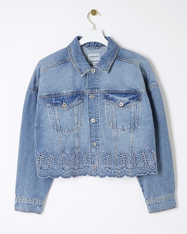 RIVER ISLAND Blue Broderie Denim Jacket ~ casual floral detail jackets - flipped