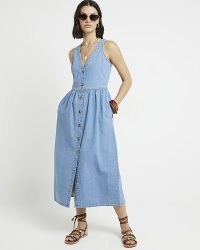 River Island Blue Denim Button Up Smock Midi Dress | sleeveless cotton summer dresses