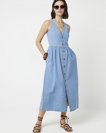 River Island Blue Denim Button Up Smock Midi Dress | sleeveless cotton summer dresses - flipped