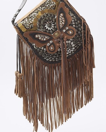RIVER ISLAND Brown Leather Butterfly Cross Body Bag ~ fringed crossbody bags ~ boho fashion accessories - flipped