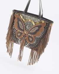RIVER ISLAND Brown Leather Butterfly Studded Tote Bag ~ large fringed bohemian style bags
