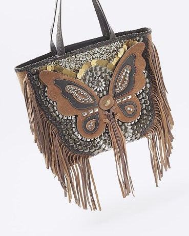 RIVER ISLAND Brown Leather Butterfly Studded Tote Bag ~ large fringed ...
