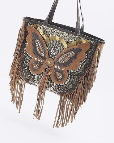 RIVER ISLAND Brown Leather Butterfly Studded Tote Bag ~ large fringed bohemian style bags