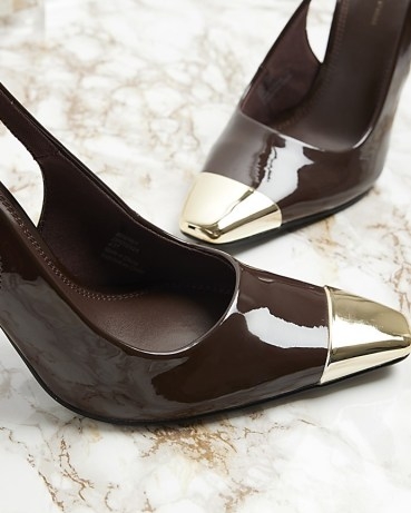 RIVER ISLAND Brown Slingback Court Heels ~ glossy courts ~ patent slingbacks - flipped