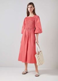 L.K. BENNETT Calister Dark Pink Organic Cotton Shirred Dress ~ puff sleeve fit and flare midi length summer dresses
