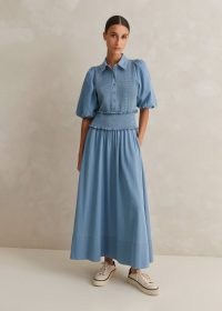 ME and EM Chambray Shirred Maxi Shirt Dress in Blue ~ cotton puff sleeve summer dresses ~ lightweight denim fashion