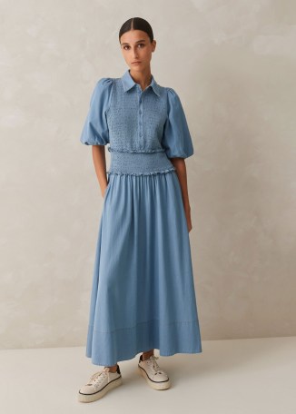 ME and EM Chambray Shirred Maxi Shirt Dress in Blue ~ cotton puff sleeve summer dresses ~ lightweight denim fashion - flipped