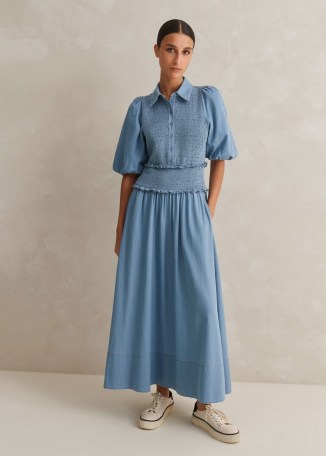 ME and EM Chambray Shirred Maxi Shirt Dress in Blue ~ cotton puff sleeve summer dresses ~ lightweight denim fashion