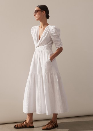 ME and EM Cheesecloth Gathered Sleeve Maxi Dress in Soft White ~ puff sleeved fit and flare summer dresses - flipped