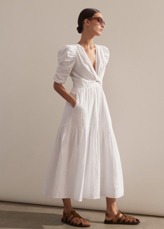 ME and EM Cheesecloth Gathered Sleeve Maxi Dress in Soft White ~ puff sleeved fit and flare summer dresses