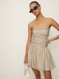 Reformation Clea Dress in Anzo Check – checked summer fashion – strapless ruched mini dresses