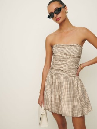 Reformation Clea Dress in Anzo Check – checked summer fashion – strapless ruched mini dresses