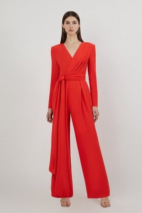 KAREN MILLEN Compact Stretch Viscose Drape Waist Wide Leg Jumpsuit in Tomato Red ~ occasion jumpsuits - flipped