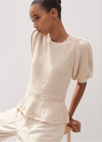 ME and EM Cotton Bouclé Pouf Sleeve Peplum Tee in Natural Ecru | textured puff sleeved top | feminine fashion