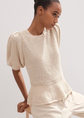 ME and EM Cotton Bouclé Pouf Sleeve Peplum Tee in Natural Ecru | textured puff sleeved top | feminine fashion - flipped