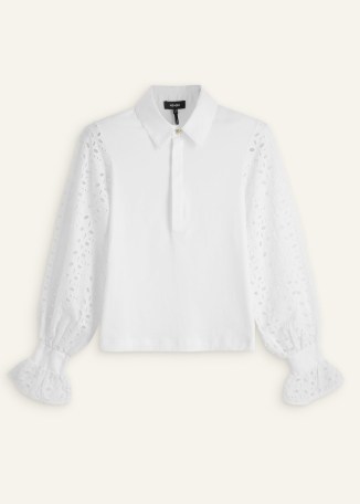 me and em Cotton Broderie Layering Shirt in Fresh White – women’s semi sheer sleeved shirts - flipped