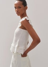 me and em Cotton Delicate Broderie Shirred Top in Soft White – sleeveless ruffle shoulder tops – ruffled summer fashion