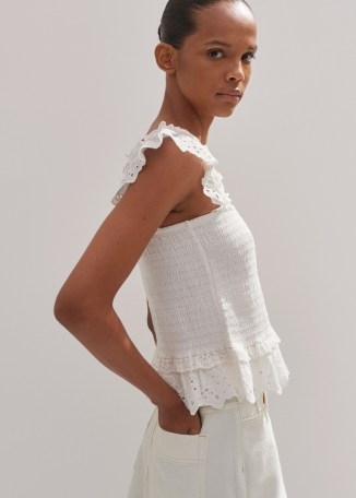 me and em Cotton Delicate Broderie Shirred Top in Soft White – sleeveless ruffle shoulder tops – ruffled summer fashion - flipped