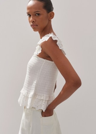me and em Cotton Delicate Broderie Shirred Top in Soft White – sleeveless ruffle shoulder tops – ruffled summer fashion