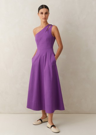 ME and EM Cotton Sateen One Shoulder Midi Dress in Summer Purple ~ chic sleeveless fit and flare ~ asymmetric neckline dresses - flipped