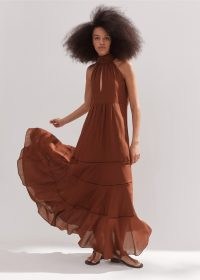ME and EM Cotton Voile Halterneck Full-Length Dress in Cinnamon ~ brown halter neck maxi dresses