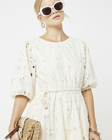River Island Cream Broderie Belted Swing Mini Dress – women’s cotton cut out summer dresses - flipped