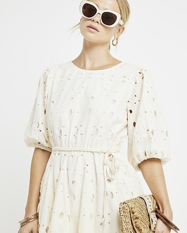 River Island Cream Broderie Belted Swing Mini Dress – women’s cotton cut out summer dresses