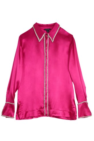 KAREN MILLEN Diamante Trim Viscose Woven Satin Shirt in Pink ~ glamorous silky shirts - flipped