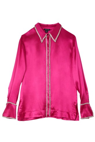 KAREN MILLEN Diamante Trim Viscose Woven Satin Shirt in Pink ~ glamorous silky shirts