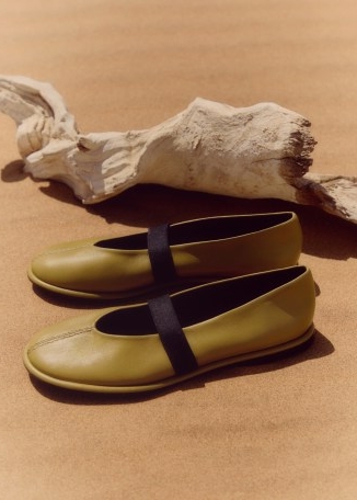 ME and EM Elasticated Strap Mary Jane in Olive LWG-Certified Nappa Leather | green flat Mary Janes | luxe flats