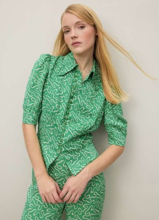 L.K. BENNETT Elsie Green And Cream Ribbon Print Blouse ~ vintage style blouses ~ retro look fashion - flipped