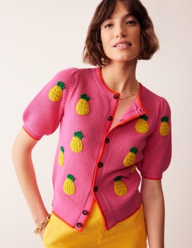 Boden Embroidered T-Shirt Cardigan in Party Pink, Pineapples / women’s cotton short puff sleeve cardigans / womens knitwear with fruit embroidery - flipped