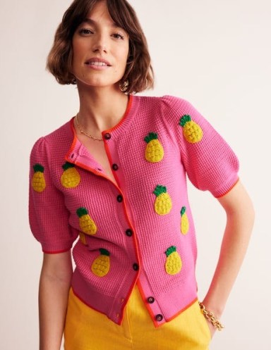 Boden Embroidered T-Shirt Cardigan in Party Pink, Pineapples / women’s cotton short puff sleeve cardigans / womens knitwear with fruit embroidery