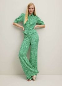 L.K. BENNETT Esme Green And Cream Ribbon Print Trousers ~ women’s slinky squiggle print flares ~ summer event clothes