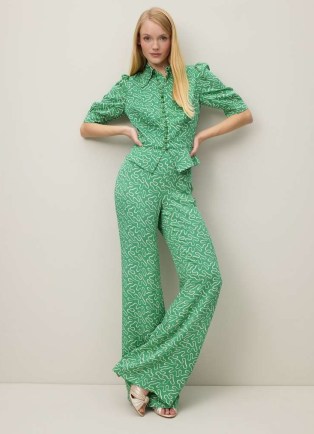 L.K. BENNETT Esme Green And Cream Ribbon Print Trousers ~ women’s slinky squiggle print flares ~ summer event clothes - flipped