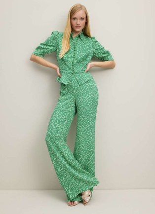 L.K. BENNETT Esme Green And Cream Ribbon Print Trousers ~ women’s slinky squiggle print flares ~ summer event clothes