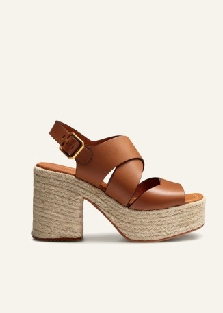 ME and EM Espadrille Platform Sandal in Tan LWG-Certified Full-Grain Leather | chunky brown strappy platforma | vintage style summer sandals - flipped
