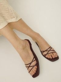 Reformation Wagner Strappy Flat Sandal in Espresso Leather ~ brown square toe summer flats