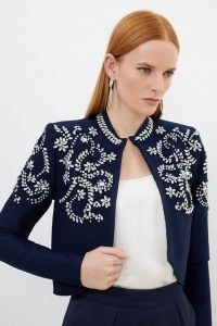 KAREN MILLEN Figure Form Bandage Embellished Knit Jacket in Navy ~ women’s cropped occasion jackets