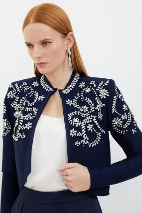 KAREN MILLEN Figure Form Bandage Embellished Knit Jacket in Navy ~ women’s cropped occasion jackets - flipped
